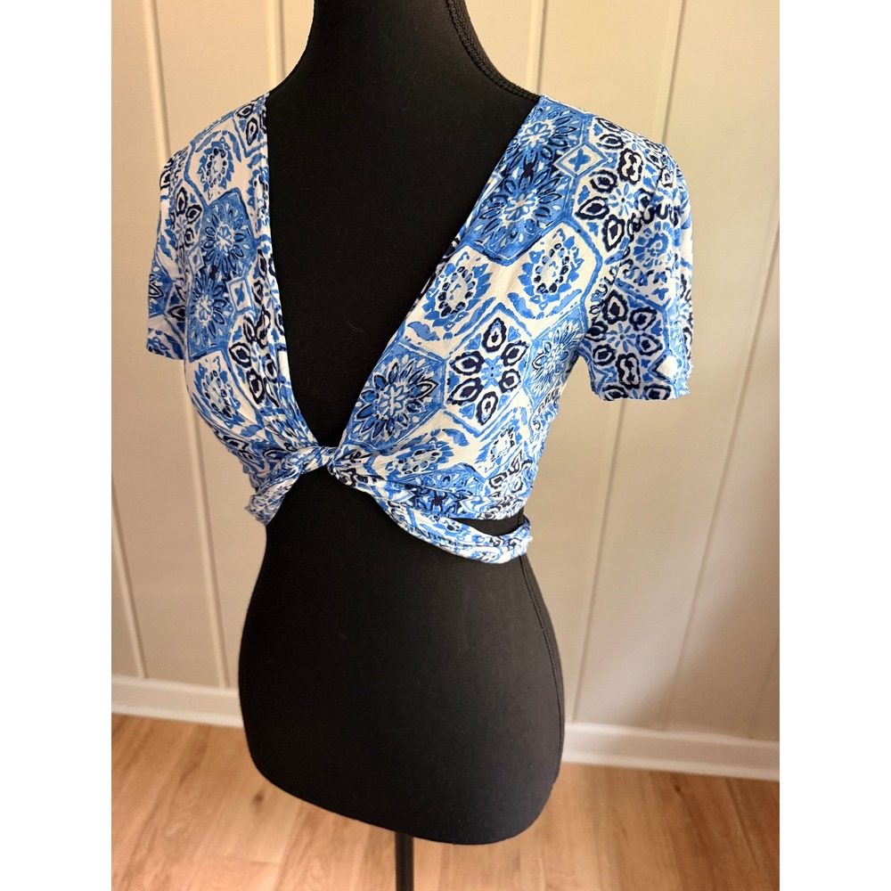 Olivaceous Blue White Tile Print Multi Way Wrap Crop Top Small Boho Coastal